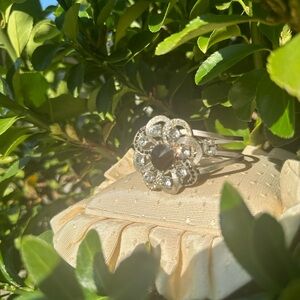 Elegant Silver Flower Bracelet with Black and Clear Stones